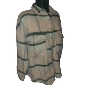 Acoa Oatmeal and Brown Plaid Wool Blend Shacket M